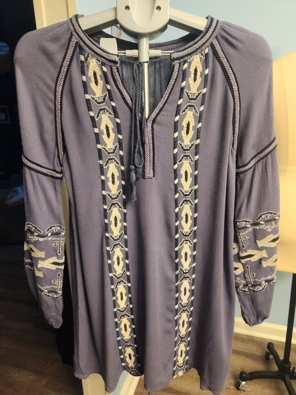 Blu Pepper Slate Blue Embroidered Boho Long Sleeve Dress